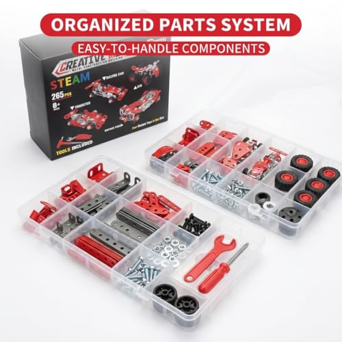 Ferthor Fun Racing Car STEM Toy Sets for Boys Ages 8-12, Metal Building Kit,STEM Building Toys for Boys Age 8-12,Roadster Red Vehicle Car Model for Kids 8 9 10 11 12-16 Years Old（265PCS）