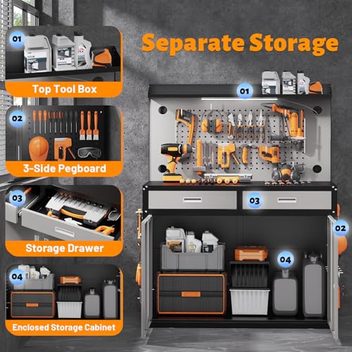 65" Heavy Duty Garage Workbench with Storage Drawers & Pegboard,2000lbs Capacity Metal Work Bench with Lockable Magnetic Cabinets,Adjustable LED Light for Workshop/Garage