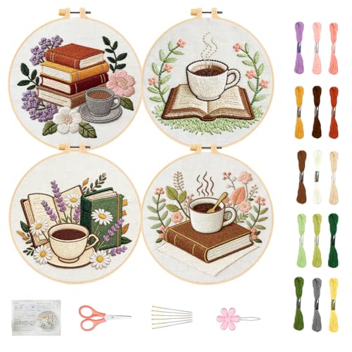 FREEBLOSS 4 Sets Embroidery Kit for Beginners Needlepoint Embroidery Starter Kit with Coffee and Book Stamped Patterns, Instructions, Colored Threads, 2 Hoops 20cm/7.9inch