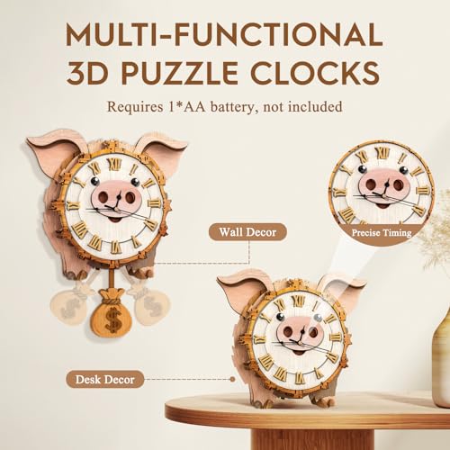 3D Puzzles for Adults Wooden Pig Puzzle Clock Adult Crafts - color: Pig Clock