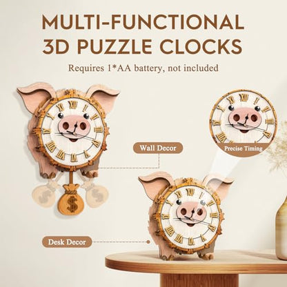 3D Puzzles for Adults Wooden Pig Puzzle Clock Adult Crafts - color: Pig Clock