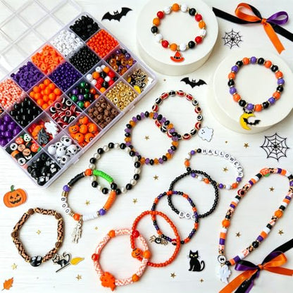 XBYzuzi 2600Pcs Halloween Beads for Bracelets Jewelry Making Kit, Orange Black White Purple alloween Polymer Clay Beads Pumpkin Evil Eye Skull Bead with Ghost Spider Charms for DIY Craft Earring - color: Black+White