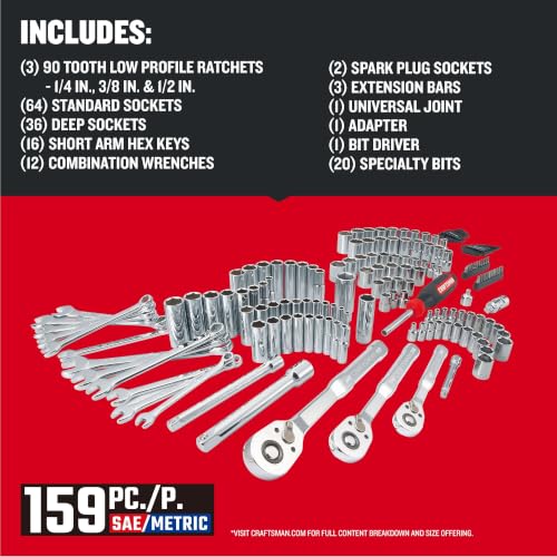 CRAFTSMAN Socket Set, 159 Piece Socket Wrench Set Mechanics Tools 1/4-in., 3/8-in., and 1/2-in(, 6 Point and 12 Point, 90-Tooth (CMMT12125)