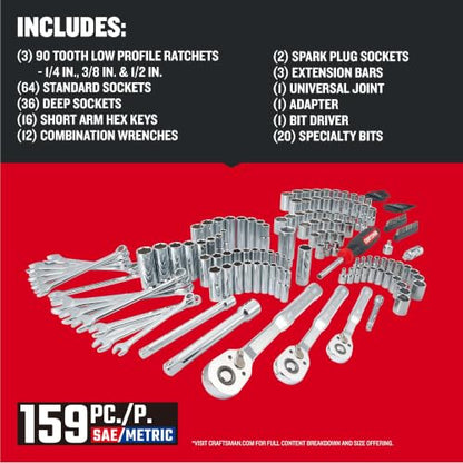 CRAFTSMAN Socket Set, 159 Piece Socket Wrench Set Mechanics Tools 1/4-in., 3/8-in., and 1/2-in(, 6 Point and 12 Point, 90-Tooth (CMMT12125)