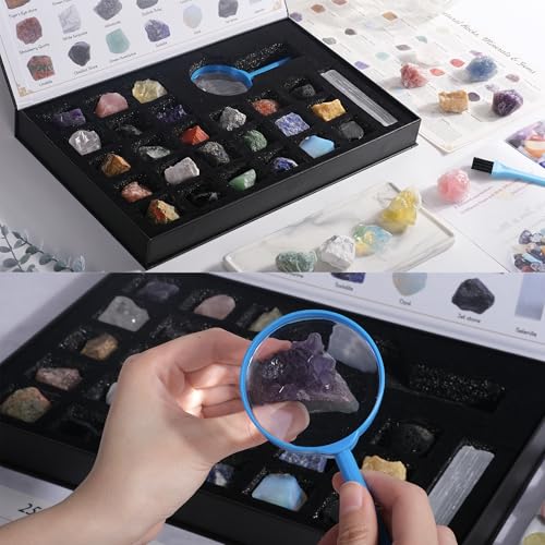 Rock Collection for Kids, 25PCS Crystal Gem Mineral Collection Set Box Gift for Boys and Girls, Natural Gemstone with Learning Guide Education Set