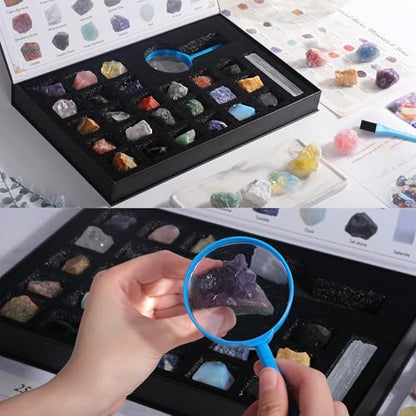 Rock Collection for Kids, 25PCS Crystal Gem Mineral Collection Set Box Gift for Boys and Girls, Natural Gemstone with Learning Guide Education Set