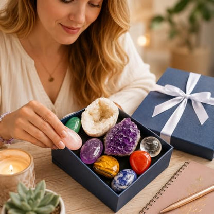 Crystal Stone Set Mineral Specimen Kit with Tumbled Stones Amethyst Cluster and Geode Rock