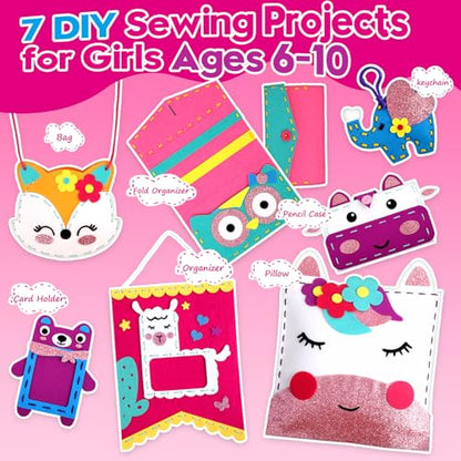 Sewing Craft Kit for Girls: DIY Felt Sewing Kit for Kids Ages 5-10, 7 Fun Projects with Stuffed Animals & Pillows, Learn to Sew Kit for Beginners, Ideal for Christmas & Birthday, Arts & Crafts Ideas