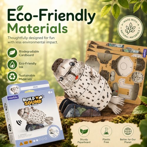 MierEdu Build 'N' Sound 3D Puzzle for Kids, Animal Puzzle with Sound Module, Educational STEM Craft Kit, FSC Paper Model Building Toy Gift for Ages 6+ - color: Seal