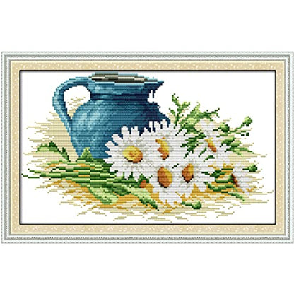 ITSTITCH Stamped Cross Stitch Kits for Adult-Full Set The Pottery and Daisy Patterns Embroidery,Needlepoint Starter Kits 11ct 3 Strands-17.7x11 inch - color: The pottery and daisy ,17.7x11 inch