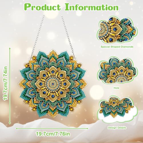AIRDEA Hanging Diamond Painting Kits Mandala,Special Shaped Diamond Art Kits Geometric Flower Gem Art Pendant Decor,7.76x7.76in - color: green golden blue