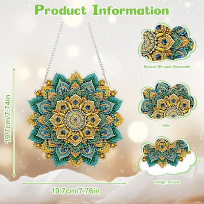 AIRDEA Hanging Diamond Painting Kits Mandala,Special Shaped Diamond Art Kits Geometric Flower Gem Art Pendant Decor,7.76x7.76in - color: green golden blue