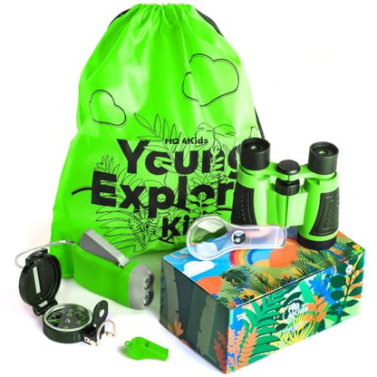 Outdoor Adventure Kit for Kids: Binoculars, Compass, Magnifying Glass & Flashlight. 3-12 Year Old Boys & Girls (Green) (Green) - color: Green