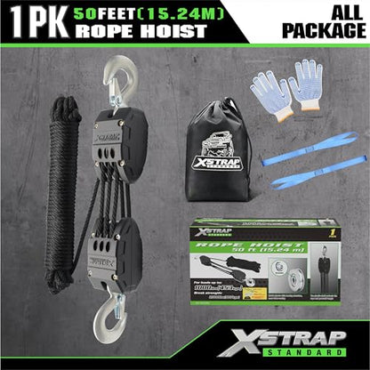 XSTRAP STANDARD 50FT Rope Hoist Pulley Block & Tackle 5:1 System, Black - color: 50 Ft+Black+2 Soft Loops