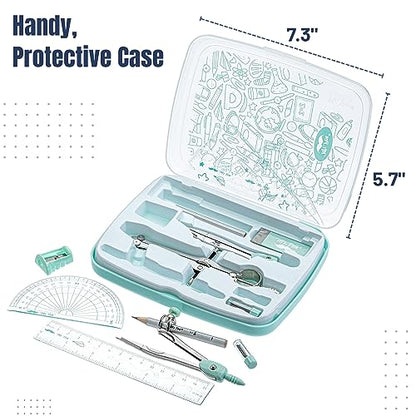 Mr. Pen- Geometry Set, 13 pcs, 3 Metal Compasses, Protractor, 6" Ruler | 45° & 30°/60° Set Squares, Pencils, Lead Refills, Sharpener & Eraser for Math, Drafting & Classroom Use - color: Green