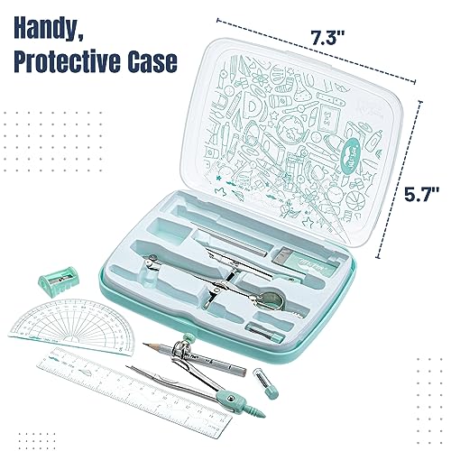 Mr. Pen- Geometry Set, 13 pcs, 3 Metal Compasses, Protractor, 6" Ruler | 45° & 30°/60° Set Squares, Pencils, Lead Refills, Sharpener & Eraser for Math, Drafting & Classroom Use - color: Green