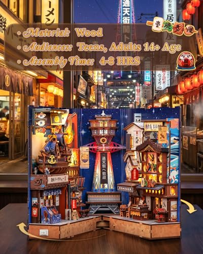 CUTEBEE Book Nook Kit for Adult, Japanese Foldable DIY Miniature House Kit, LED Booknook, Decorative Home Décor, Model Building Craft Gifts for Family Friends (Tsutenkaku Ichiban Street) - color: Tsutenkaku Ichiban Street