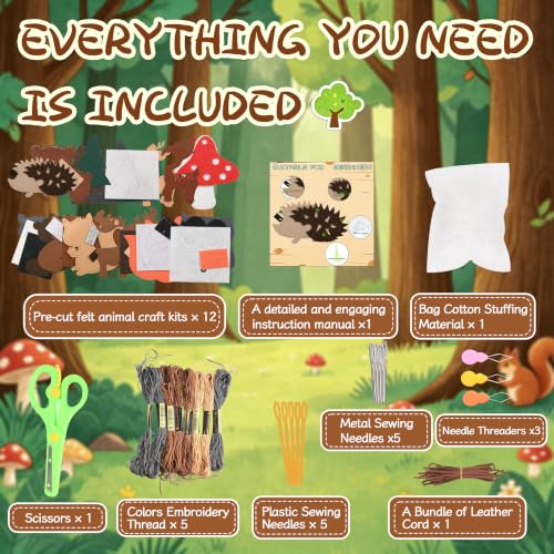 GOASION Sewing Kit for Kids, 12 Pcs Woodland Animals Craft Set, Ages 5+ - color: Forest - Dwelling Animals - 12 Pack