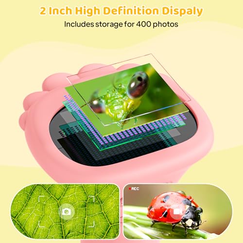Kids Magnifying Glass, 2.0 Inch Digital Screen Mini Pocket Microscope for Bug - 200x Zoom Handheld Microscope with Adjustable Lights, Edu Birthday Gifts for Age 3-12 Girls - color: Pink