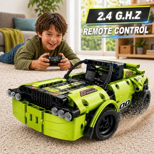 Remote Control Car Building Toys for Age 8-13 Fun STEM Toys for Kids 2 in 1 Model Car Kit to Build Educational Engineering Building Blocks Set Birthday Gift for 7 8 9 10+ Year Old Boys - color: Green Car