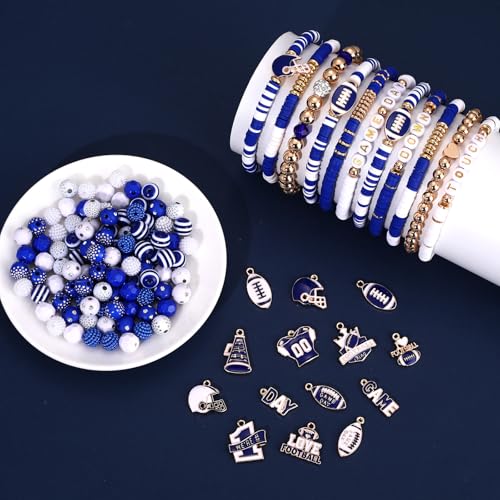 2200PCS+ Game Day Beads Charms for Bracelet Making Polymer Clay Beads Crystal Pearl Letter Gold Spacer Beads Football Charms for Game Day Bracelet Necklace Making DIY Crafts - color: Blue White