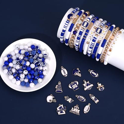 2200PCS+ Game Day Beads Charms for Bracelet Making Polymer Clay Beads Crystal Pearl Letter Gold Spacer Beads Football Charms for Game Day Bracelet Necklace Making DIY Crafts - color: Blue White