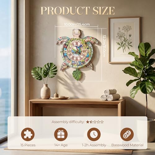 3D Wooden Puzzle Clock - Sea Turtle Design, DIY Mechanical Pendulum Wall Clock with Roman Numerals, Unique Nature-Themed Gift for Adults - color: Green