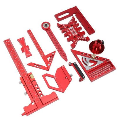 Woodworking Measurement Tool Kit 9-Piece Aluminum Alloy Ruler Set with Storage Box for Wood Board Splicing Drawing Carving and Polishing