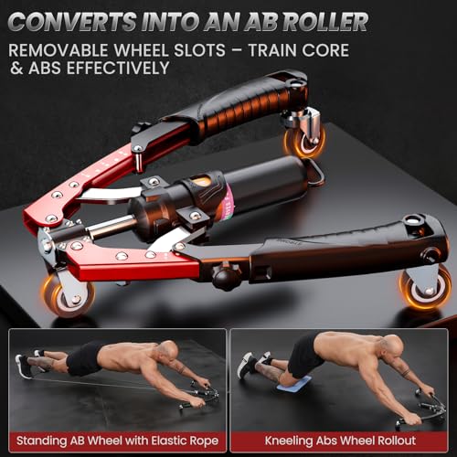 Twister Arm Trainer, 3 in 1 Hydraulic Power Chest Workout Equipment with Ab Roller Wheels and Hooks, Adjustable 22-440lbs Arm Trainer for Men Women, Home Gym Equipment for Full Body Strength Training - color: red