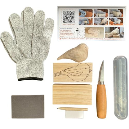 Wood Carving Kit for Beginners, Essential Wood Whittling Kit for Beginners, Knife Tools Accessories, Balsawood and Basswood Blocks, Bird Carving Video Tutorial, DIY Kits for Adults Hobbies
