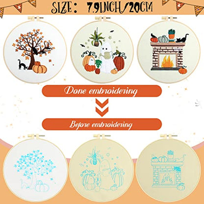 Yuxung 5 Sets Fall Embroidery Kit Halloween Embroidery Cross Stitch Kit