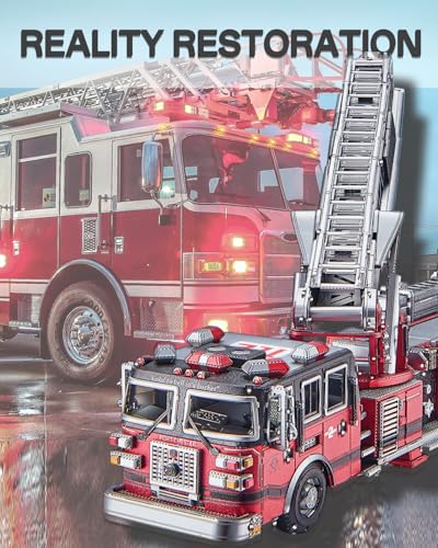 Piececool 3D Metal Puzzles for Adults, Ladder Truck Fire Engine Model Kits Building, Challenge to Assemble DIY Craft Kits, Best Birthday 354 Pcs - style: Ladder Truck