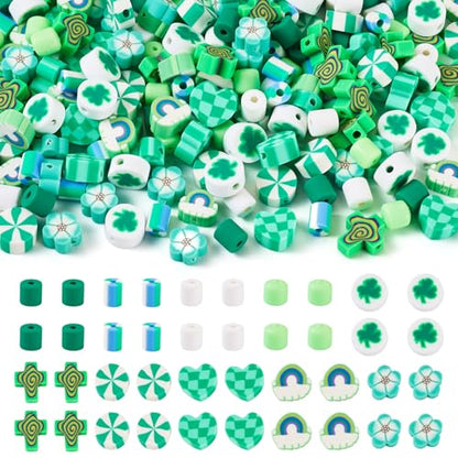 Elecrelive 140Pcs St.Patrick's Day Polymer Clay Beads Green Clay Beads Bracelet Making kit Mixed Heart Round Cross Charms for DIY Bracelet Necklace Bracelet Earring Jewelry - color: Green