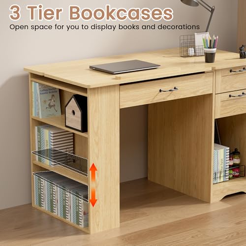 Drafting Table with Storage Cabinet & Drawers, Adjustable Drawing Table with Open Shelves, Craft Art Desk for Artists, Painters, Drawing, Crafting, Reading, Writing, Working - color: Natural Oak