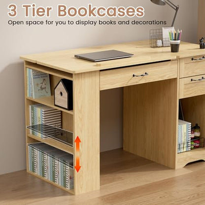 Drafting Table with Storage Cabinet & Drawers, Adjustable Drawing Table with Open Shelves, Craft Art Desk for Artists, Painters, Drawing, Crafting, Reading, Writing, Working - color: Natural Oak