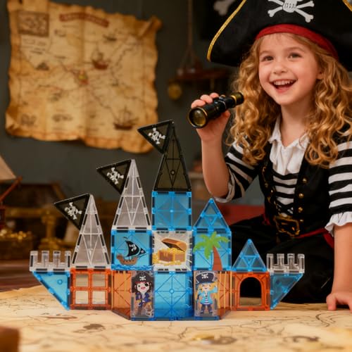 Bmag Magnetic Tiles for Kids,32 PCS Pirate Set with 3D Magnet Building Blocks, STEM Educational Toys for Preschool Learning, Gift for Boys & Girls Age 3 4 5+ - size: 32Pcs