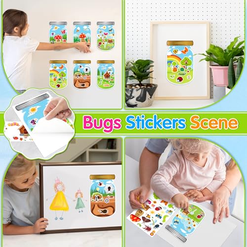 LINAYE 24 Sheets Insect Stickers with Jar Scenes, Make Your Own Bug Jar Stickers, Spring Crafts Activities for Kids Spring Party Decorations Supplies for Kids - style: Bugs Jar 24 Sheets