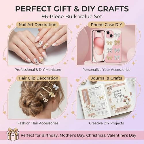 YOJO 3D Bow Nail Charms, Premium Metal Alloy Designs, 96pcs Gold & Silver Y2K Style Bowknot Charms for Acrylic Nails DIY Crafts - color: Gold&Silver