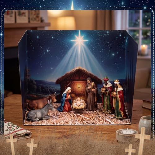 AmazingSpark 2 Set Nativity Sence Diorama Box and Hay Sticker Decor, Christmas Nativity Jesus Diorama Project Supplies Set, Cardboard Display Case Kit with Double Sided Tapes for DIY Craft Mini Figure - style: Nativity Sence