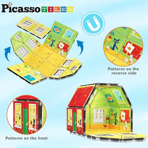 PicassoTiles Magnetic Tiles Pete the Cat Home Theme Building Blocks Double Sided Printing Toddler Magnet Toys Education STEM Learning Kit Construction Brain Development Preschool Kid Game Boy Girl 3+ - style: Pete the Cat Double House