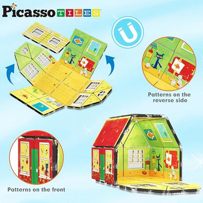 PicassoTiles Magnetic Tiles Pete the Cat Home Theme Building Blocks Double Sided Printing Toddler Magnet Toys Education STEM Learning Kit Construction Brain Development Preschool Kid Game Boy Girl 3+ - style: Pete the Cat Double House