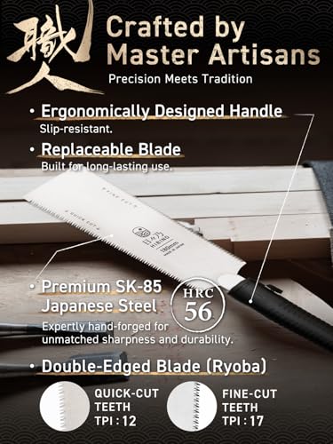 HIBINO Japanese Pull Saw 7 Inch Ryoba | Made in Japan | Double Edge 12/17 TPI Rip & Crosscut Blade | Compact Handsaw for Precision Woodworking, Joinery & Dovetails | Replaceable Blade - size: 7 inch (180mm)