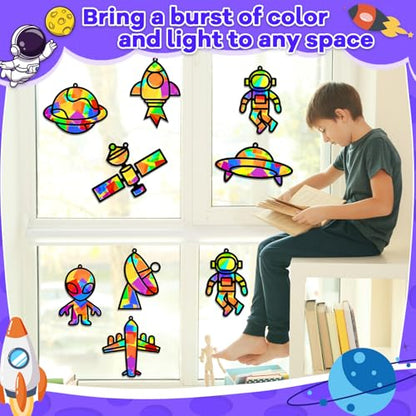 32 Sets Outer Space Suncatchers Craft Kit DIY Window Stained Glass Effect Planet Astronaut Alien Paper Crafts Home School Classroom Decoration Kid Birthday Gift Creative Art Project Activity Game - style: Outer Space