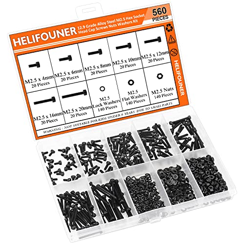 HELIFOUNER 560 Pieces M2.5 x 4mm /6mm /8mm /10mm /12mm /16mm /20mm, Hex Socket Head Cap Screws Bolts Washers Nuts Kit, 12.9 Grade Alloy Steel, Full Threaded, Black - size: M2.5, style: Socket Head