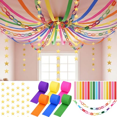 700 Sheet Rainbow Paper Chain Strips and 52 ft Gold Star Garland Set - color: Rainbow-700pc