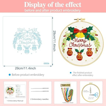 Zhenqing Merry Christmas Embroidery Kit for Beginners, Red Bells and Ornaments Craft Set with 20cm Hoop, Printed Design on 29x29cm Cotton Fabric, DIY Holiday Wall Art (C0036) - style: Christmas Bells