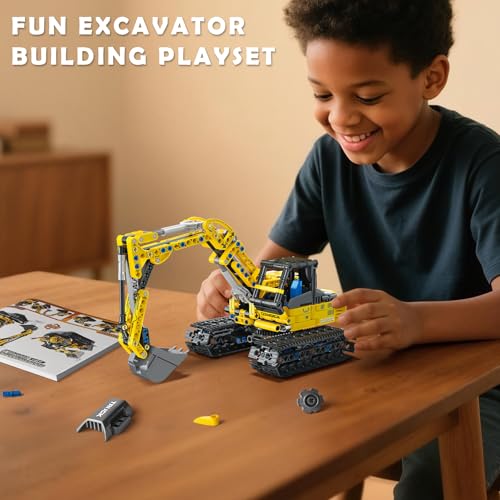 2-in-1 Excavator & Bulldozer Building Kit - 399 Pieces STEM Educational Construction Toys for Kids, Creative Birthday Gift Idea - color: Yellow