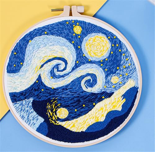 Meecaa Starry Night Landscape Embroidery Kit Starter Set, Hand Embroidery Set,Pattern Printed Cross Stitch Set for Beginner Adults, with Embroidery Hoop and Instructions (Starry Sky) - color: Starry Sky