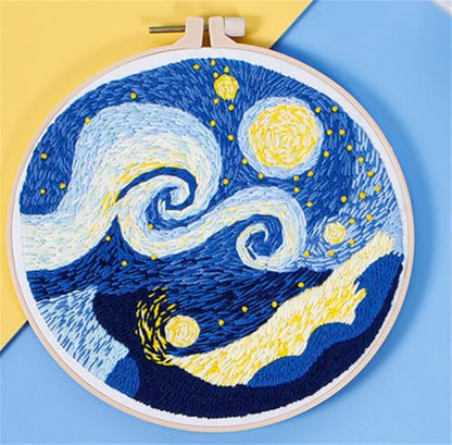 Meecaa Starry Night Landscape Embroidery Kit Starter Set, Hand Embroidery Set,Pattern Printed Cross Stitch Set for Beginner Adults, with Embroidery Hoop and Instructions (Starry Sky) - color: Starry Sky