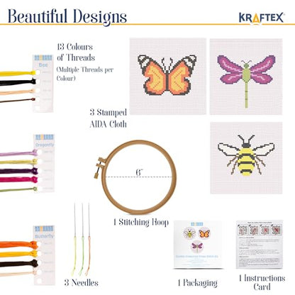 Kraftex Floral Stamped Cross Stitch Kits for Beginners - 3 Pack. DIY Embroidery Needlepoint Patterns for Adults. Easy Cross Stitch Kits for Beginners (Garden Creatures) - style: Garden Creatures